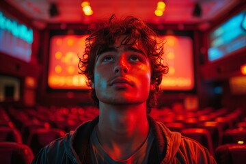 A young man is seated in a movie theater, gazing up at the screen in darkness. Flash photography, lighting, and performing arts create a mesmerizing event, showcasing music artists in magenta hues