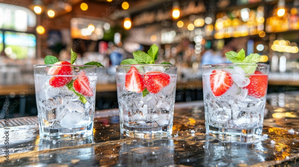 Poster three glasses of ice water with strawberries and mints on a bar with a blurred bar in the background