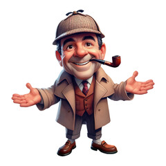 A Private Investigator enjoying a pipe with arms open wide, isolated on a transparent background