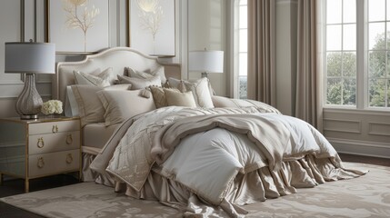 Fototapeta na wymiar Elegant Bedroom Interior with Luxurious Bedding
