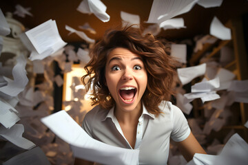 emotional business woman in a white shirt in the office among flying papers and documents. deadline. concept of solving business issues during working hours