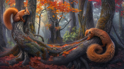  a painting of a squirrel and a squirrel on a tree trunk in a forest with fall foliage and trees in the background.