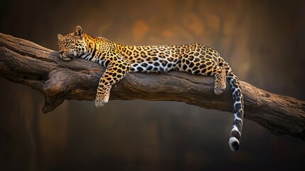  a large leopard laying on top of a wooden tree branch in front of a brown and black background with a black and white stripe on it's tail. - obrazy, fototapety, plakaty