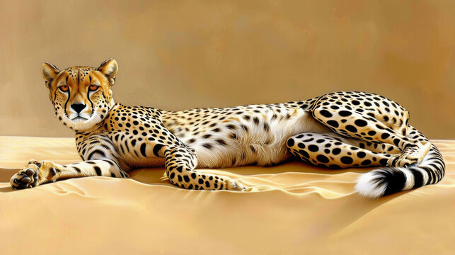 a painting of a cheetah laying on a bed of sand with its eyes closed and one paw on the side of the cheetah.