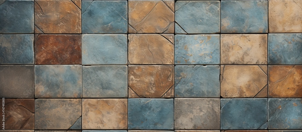 Poster a detailed close up of a colorful wall made of rectangular tiles, showcasing a beautiful pattern. th