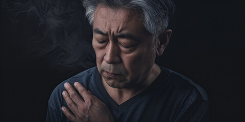 a middle-aged man with gray hair, his eyes closed and hands on his chest in pain, generative AI