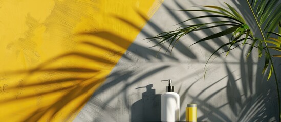 Product display on gray and yellow textured background with palm leaves and shadows.