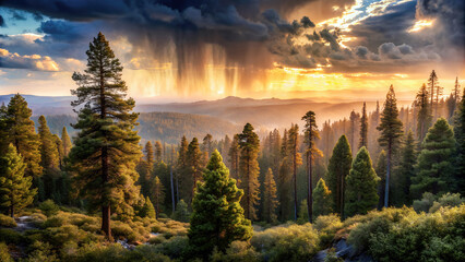 Landscape of majestic pine trees at sunrise in the mountain. Generative ai - obrazy, fototapety, plakaty