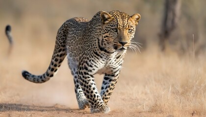 A Leopard With Its Tail Held Straight Out Behind I - obrazy, fototapety, plakaty