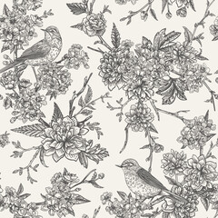 Seamless floral pattern with birds. Blooming garden trees cherry and rose.