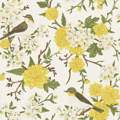 Seamless beautiful pattern in full bloom with birds. Yellow Kerria japonica and white cherry flowers. Willow warblers. Spring garden. Vintage style. Colorful.