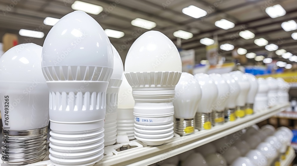 Poster a row of light bulbs sitting on top of a shelf next to a shelf of other light bulbs in a store.