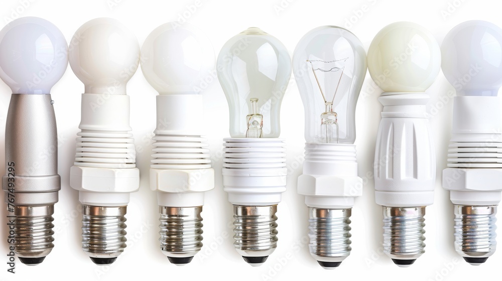 Poster a group of different types of light bulbs lined up in a row on a white background with one bulb turn