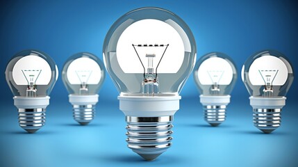  a group of light bulbs sitting next to each other on a blue and white background with a light bulb in the middle of the group.