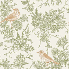 Seamless floral pattern with birds. Blooming garden trees cherry and rose. Green and gold.