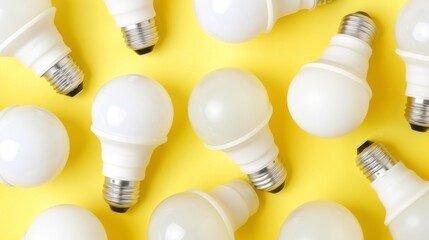 a group of white light bulbs sitting on top of a yellow surface with one light bulb turned on and the other turned on.