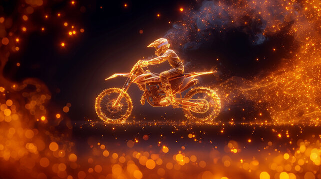 Photo of a stuntman on a motorcycle, enduro against a background of flames, fiery sparks