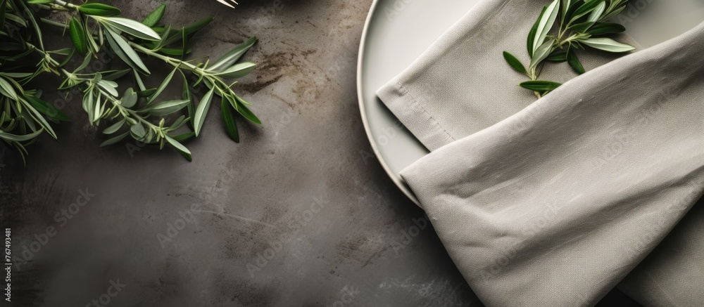 Poster a plate with green leaves and a napkin placed on a table, showcasing a blend of natural elements wit