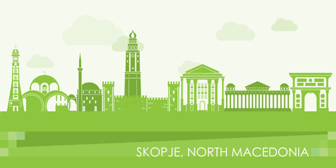 Green Skyline panorama of city of Skopje, North Macedonia - vector illustration - 767493423