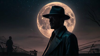 In a dimly lit astronomic holo-deck, a mysterious figure in a noir trench coat and fedora stands beneath the glow of a holographic moon, their face obscured by shadows. The scene is depicted in a stun