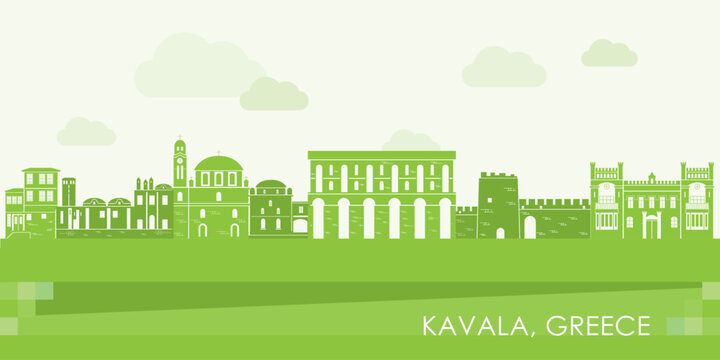 Green Skyline panorama of city of Kavala, Greece - vector illustration