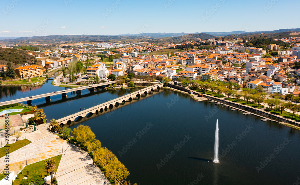 Wall mural bird's eye view of portuguese city mirandela with view of tua river.