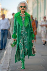 Old elderly beautiful woman with gray hair dressed total green trendy clothes fancy boots and accessories walking down the crowded street in the summer. Senior street fashion