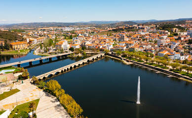 Fototapeta na wymiar Bird's eye view of Portuguese city Mirandela with view of Tua River.