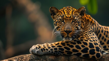  a close up of a leopard laying on top of a tree branch with its head resting on a tree branch.