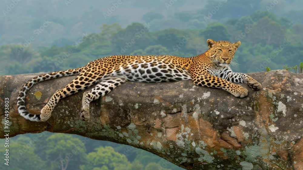 Poster  a leopard laying on top of a tree branch in front of a lush green forest filled with lots of trees.