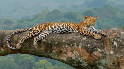  a leopard laying on top of a tree branch in front of a lush green forest filled with lots of trees. - obrazy, fototapety, plakaty