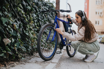 Focused woman wearing headphones inspecting her bicycle's mechanics on a city street lined with ivy.