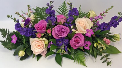  a close up of a bouquet of flowers on a white surface with purple and pink flowers in the center of the bouquet.