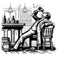 man drink at a traditional bar, with classic interior elements sketch engraving generative ai fictional character vector illustration. Scratch board imitation. Black and white image.