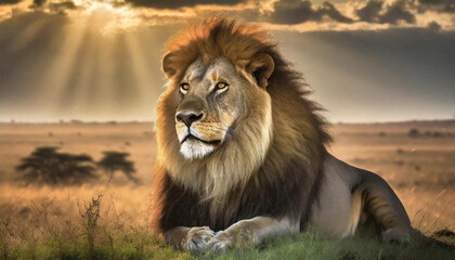 Lion on the savanna, it's mane shimmering in the soft morning light. - obrazy, fototapety, plakaty