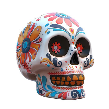 Simple Cartoon 3D Illustration: Cute Render of a Design Element - Mexican Painted Skull, Isolated on Transparent Background, PNG