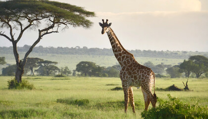 Giraffes on the savanna, soft morning light. - obrazy, fototapety, plakaty