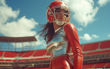 Generative AI of Attractive Young Woman in American Football Helmet Concept for Sport Fashion, Feminine Power, and Competitive Spirit - 767494268