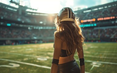 Generative AI of Fashionable Female Football Enthusiast Concept for Sporty Charm, Powerful Play, and American Football Flair