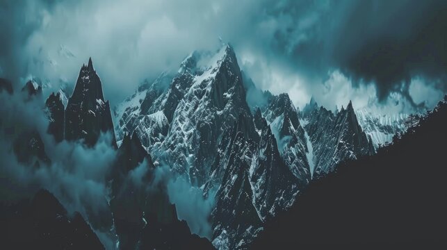  a very tall mountain covered in snow under a cloudy sky in the middle of a dark sky filled with clouds.