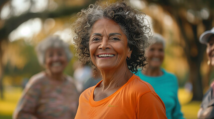 Outdoor fitness class for seniors. senior woman with cheerful face, diverse group, walking, lunges,...