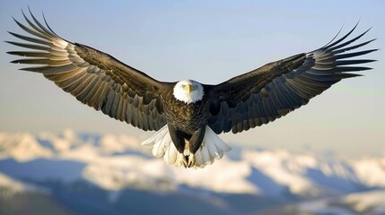 Obraz premium a bald eagle spreads its wings in front of a mountain range with snowcapped mountains in the foreground.