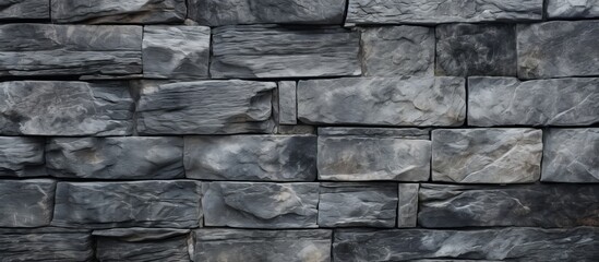 A detailed closeup of a rectangular grey brick wall showcasing intricate brickwork pattern, made of composite material resembling wood or rock flooring