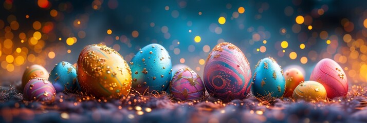 Festive easter eggs panorama with sparkling background