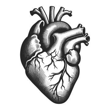 anatomical heart, depicted in an engraved style. Sketch engraving generative ai vector illustration. Scratch board imitation. Black and white image.
