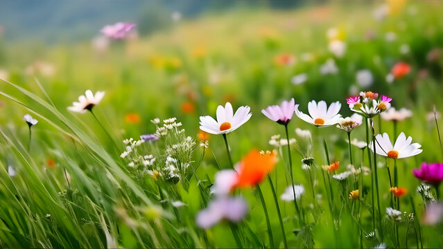 Flowers, field, grass, wild, nature, spring, colorful, garden, chamomile, beautiful, sun, blossom, season, floral, daisy, background, wallpaper, HD ,flowers in the grass