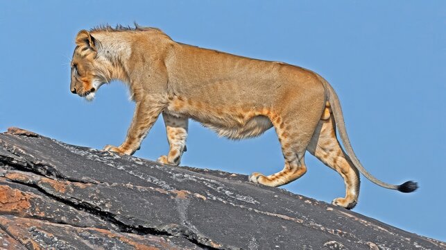  a close up of a lion on a rock with a blue sky in the backgrounnd of the image.