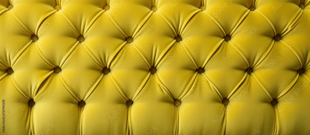 Poster a closeup shot of a yellow tufted couch with button detailing showcasing symmetry and pattern. the t