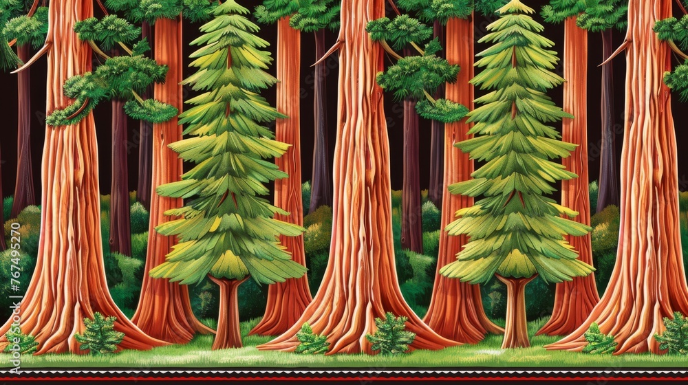 Poster a painting of a group of trees in a forest with a border in the foreground and a border in the backg