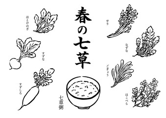 七草粥と春の七草の線画イラスト